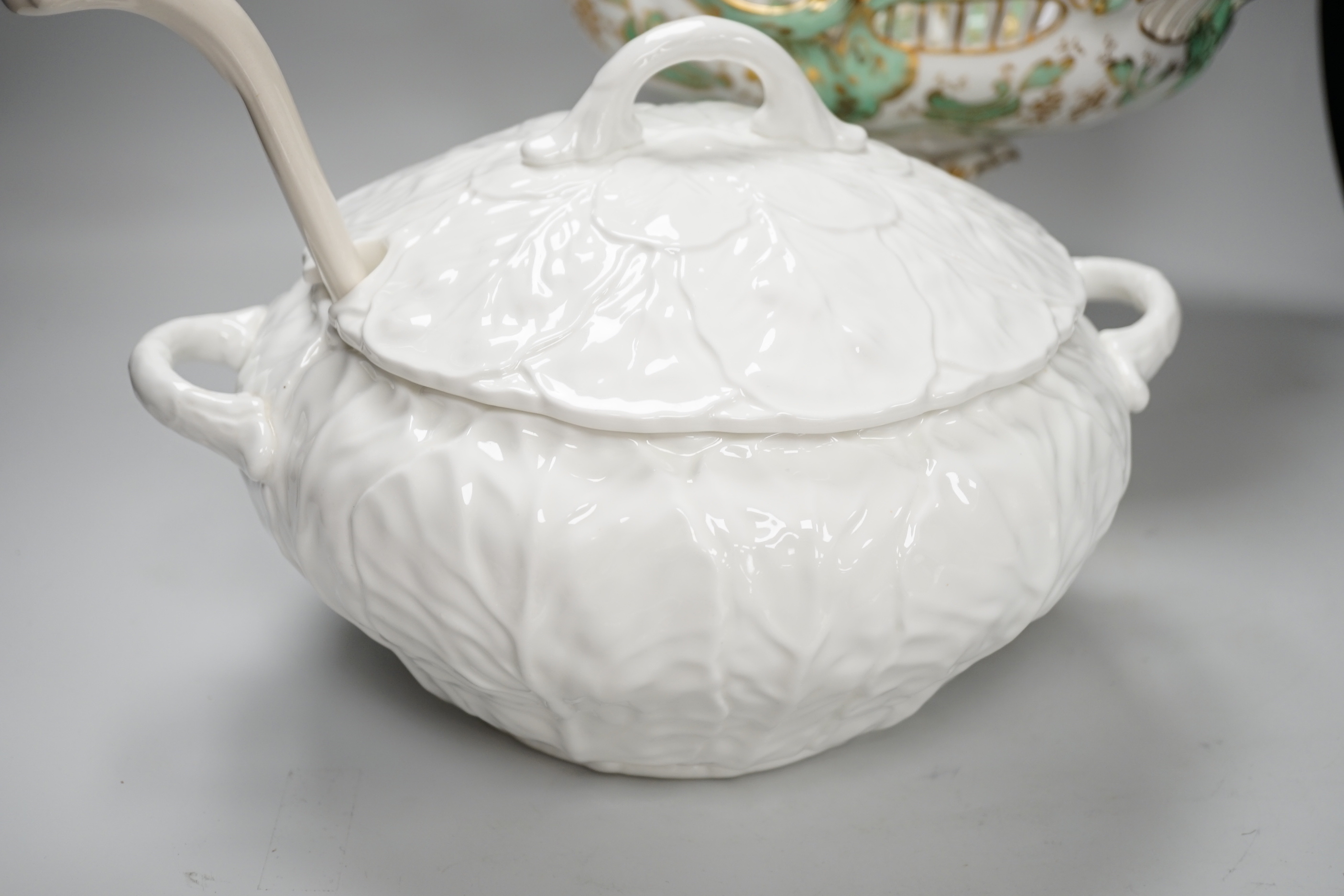 A Coalport tureen, similar ladle and a Victorian pedestal bowl or centrepiece, the largest 35cm wide